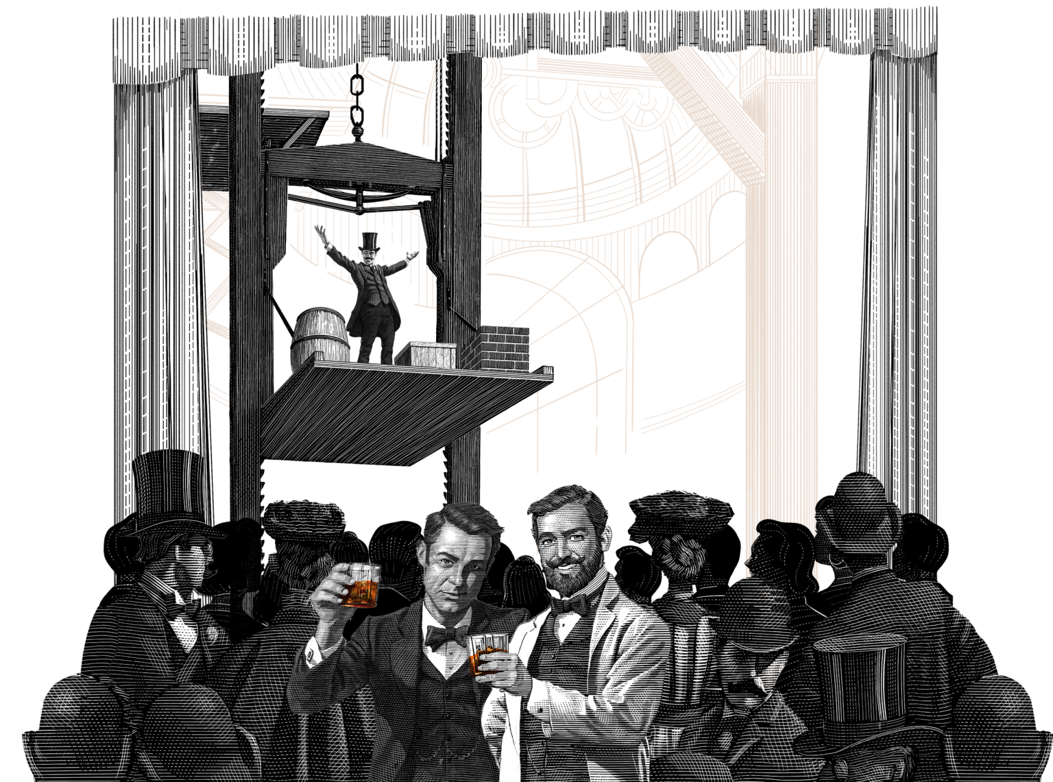 Old time theatre with men holding bourbon